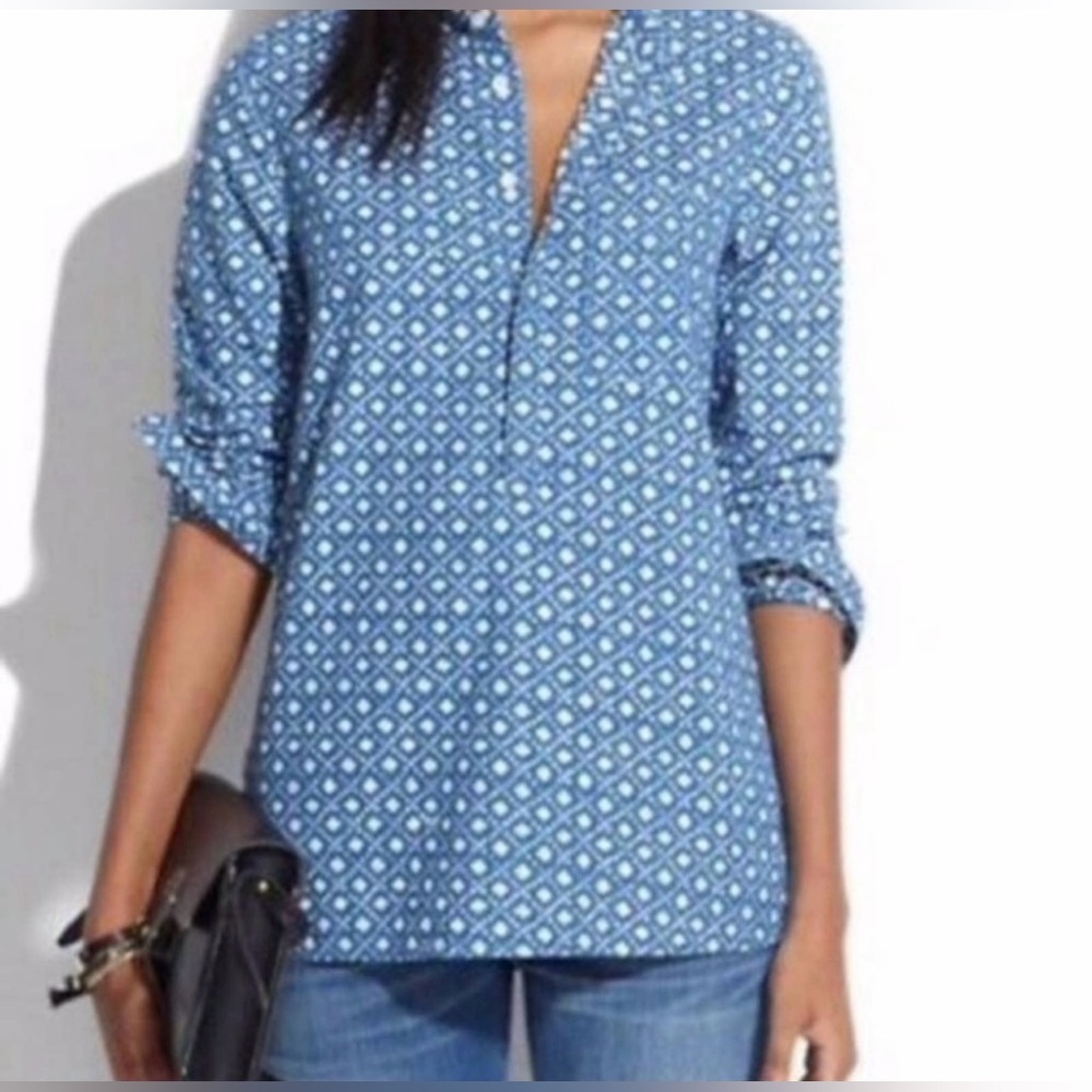 Madewell Chambray Blue & White Floral‎ Stamp Popover Tunic Top Shirt Size XS